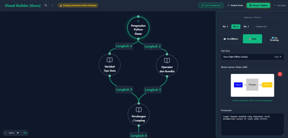 Editor skill tree FlacTopus dengan node materi Python dan panel soal
