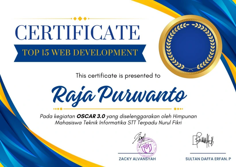 Sertifikat Top 15 Web Development OSCAR 3.0 atas nama Raja Purwanto