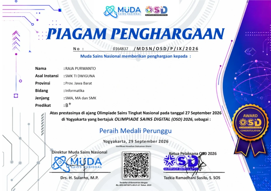 Piagam Medali Perunggu Informatika OSD 2026, predikat B+, atas nama Raja Purwanto